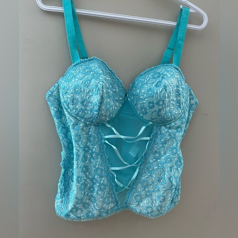 [2X]Delta Burke Elegant Lace Corset Basques Bustier in Torquase Sheer